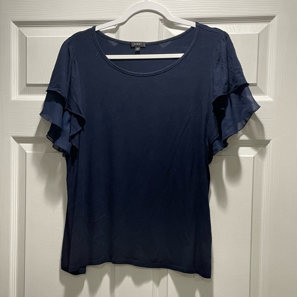 K&C navy top with flutter sleeves